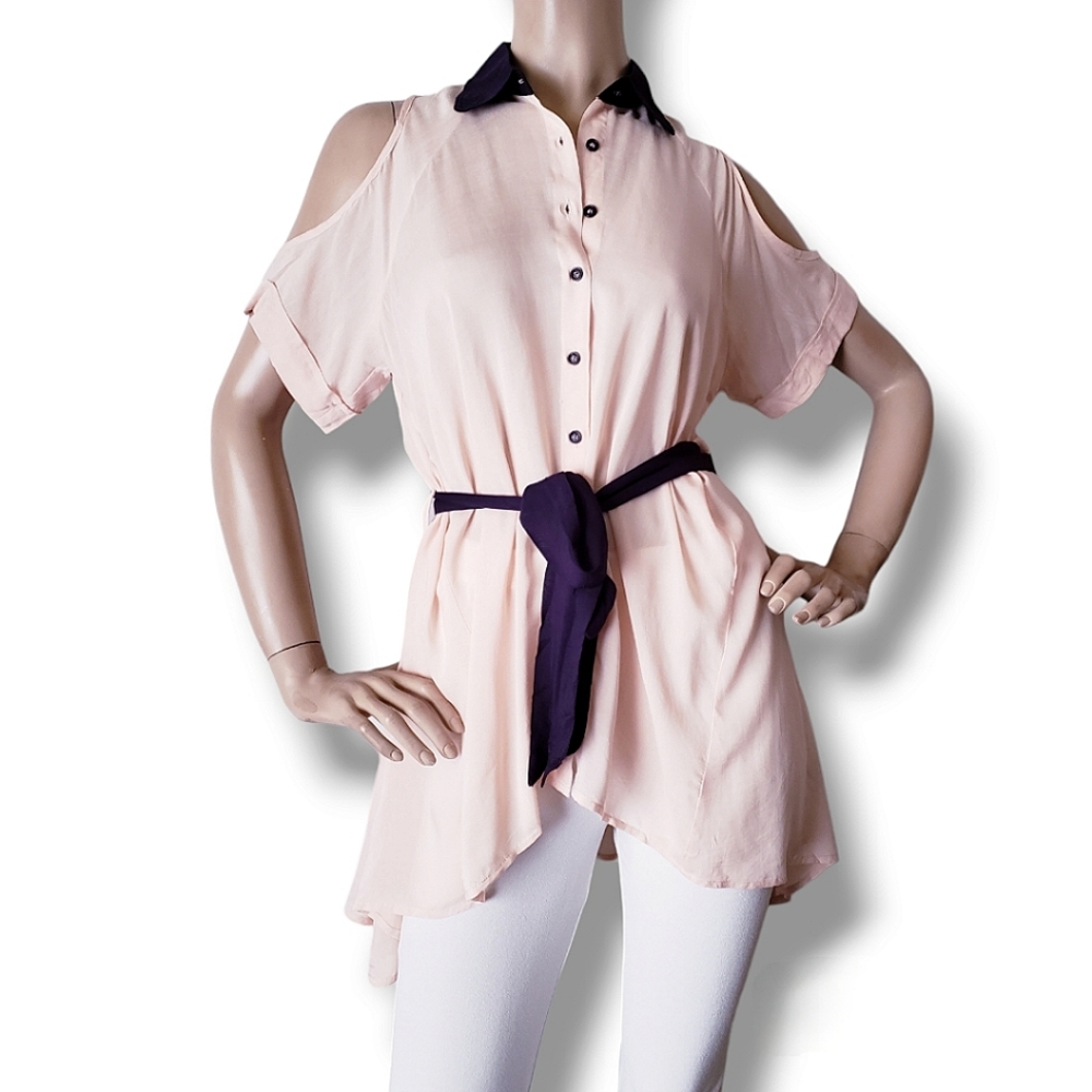 The Clothing Company Beige & Navy Contrast Cold Shoulder Belted Shirt Blouse
